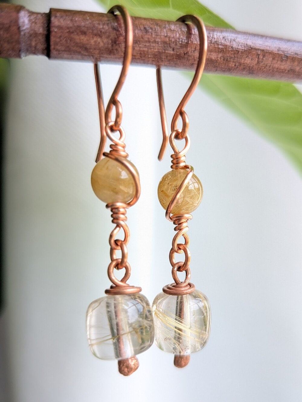 Golden Rutile Quartz Gemstone Earrings Hand Crafted In Copper